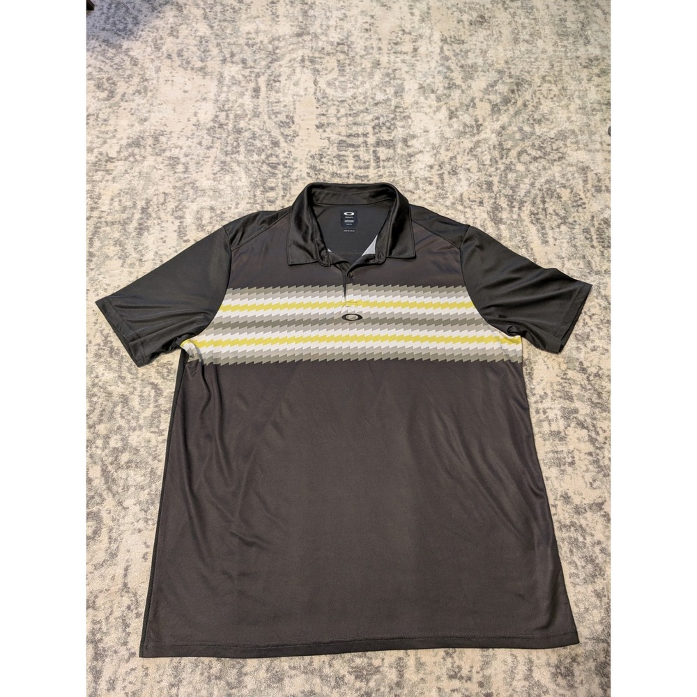 Oakley Charcoal Gray Golf Polo Shirt Gray Yellow Striped Performance Men's 2XL